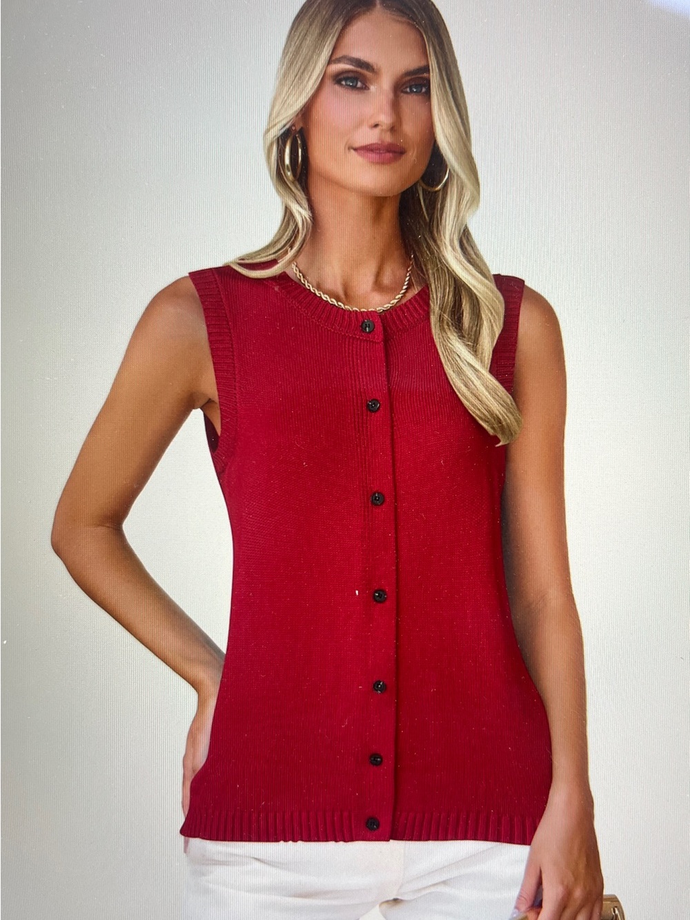 PrettyGarden Red Knit Sweater Vest Button Down Crew Neck Size Medium NWT